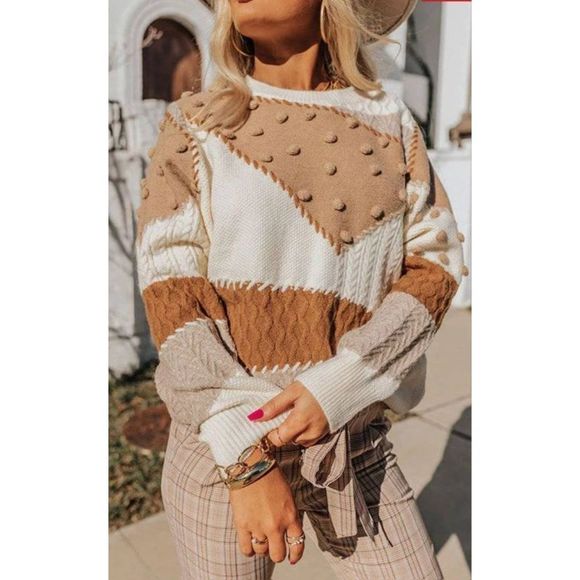 Women Khaki Colorblock Patchwork Pom Pom Knit Sweater Size XL fall oversized EUC - Picture 13 of 14